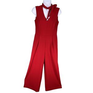 Calvin Klein Womens 4 Red Tie Neck Wide Leg Jumpsuit Sleeveless Back Gold Zipper